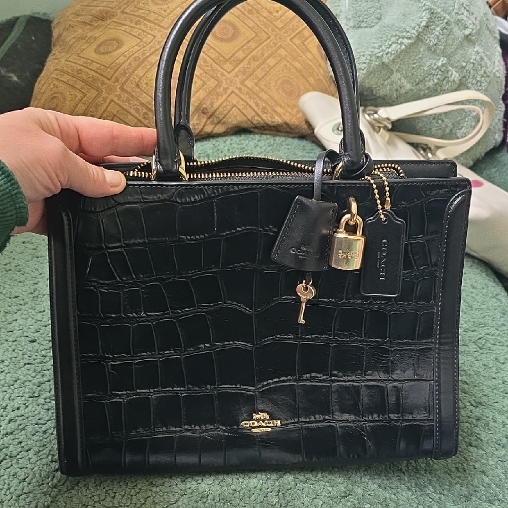 Coach Black Croc-Embossed Leather Satchel with Gold Hardware